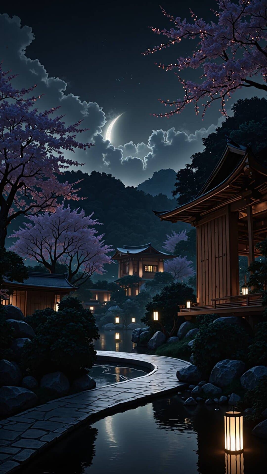 A serene, richly colored night scene featuring traditional Japanese architecture, glowing cherry blossoms, and a luminous crescent moon.