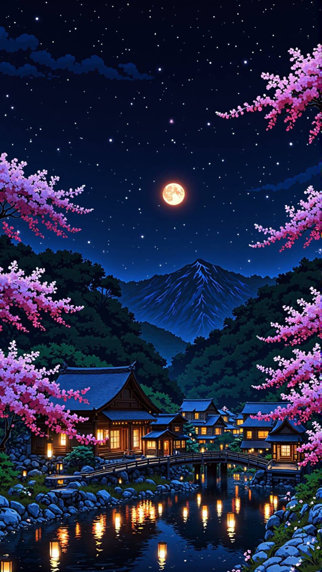 A vibrant, detailed anime-style scene of a traditional Japanese village under a starry, full moon and falling cherry blossoms.