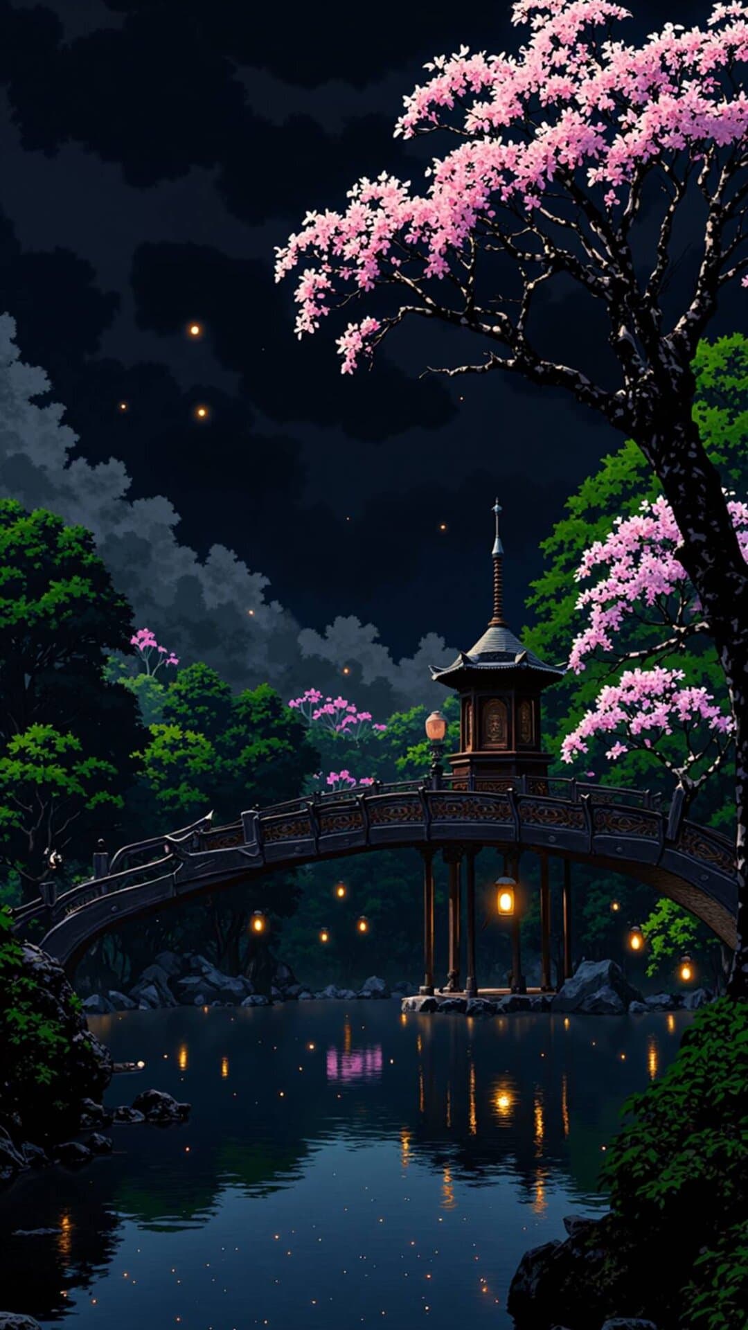 Dreamlike, moody illustration of a pavilion on a bridge over tranquil water under blooming cherry blossoms.