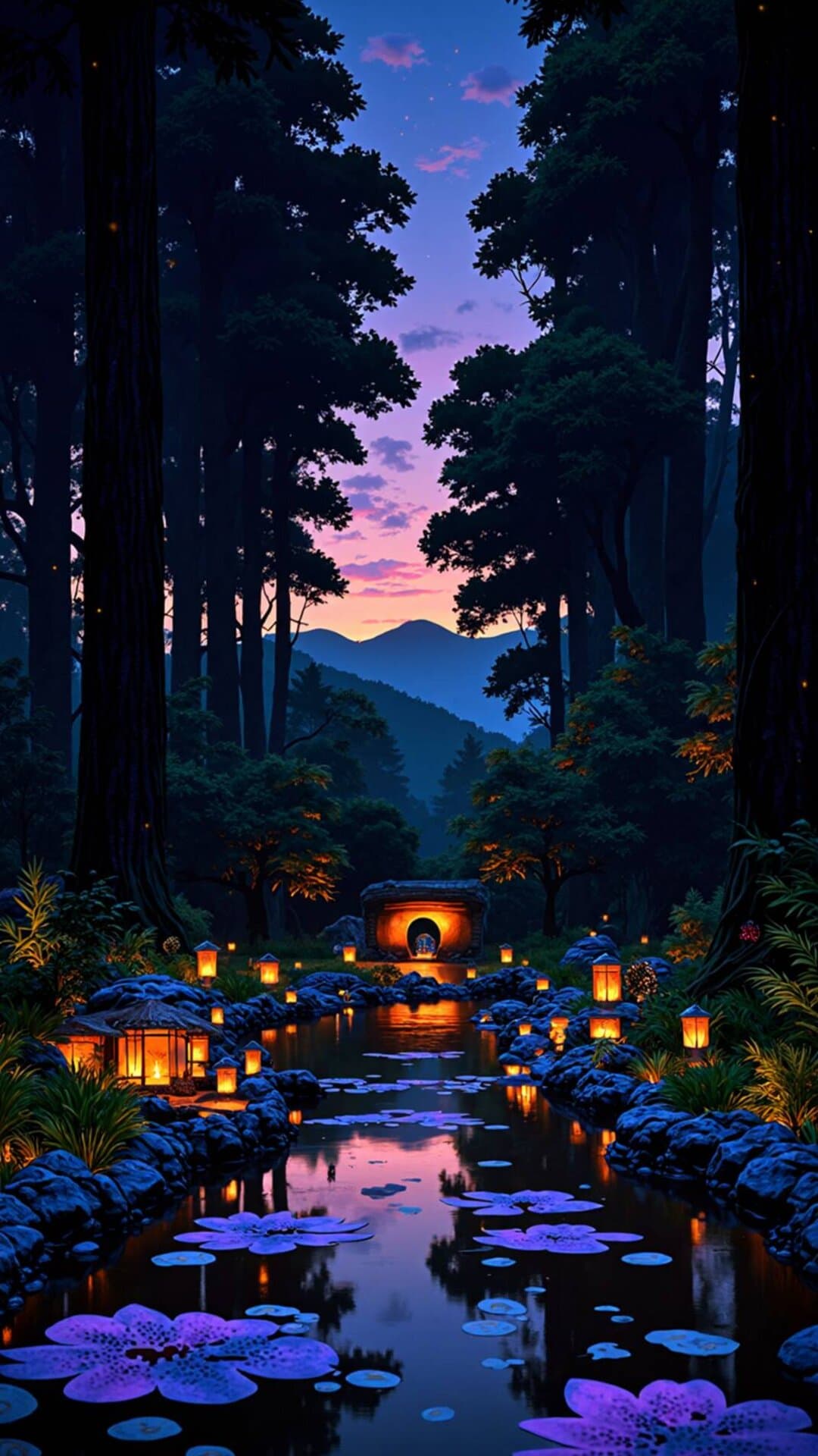 A mysterious, serene Japanese garden scene reflecting twilight colors on calm water, perfect for a dreamy mood.
