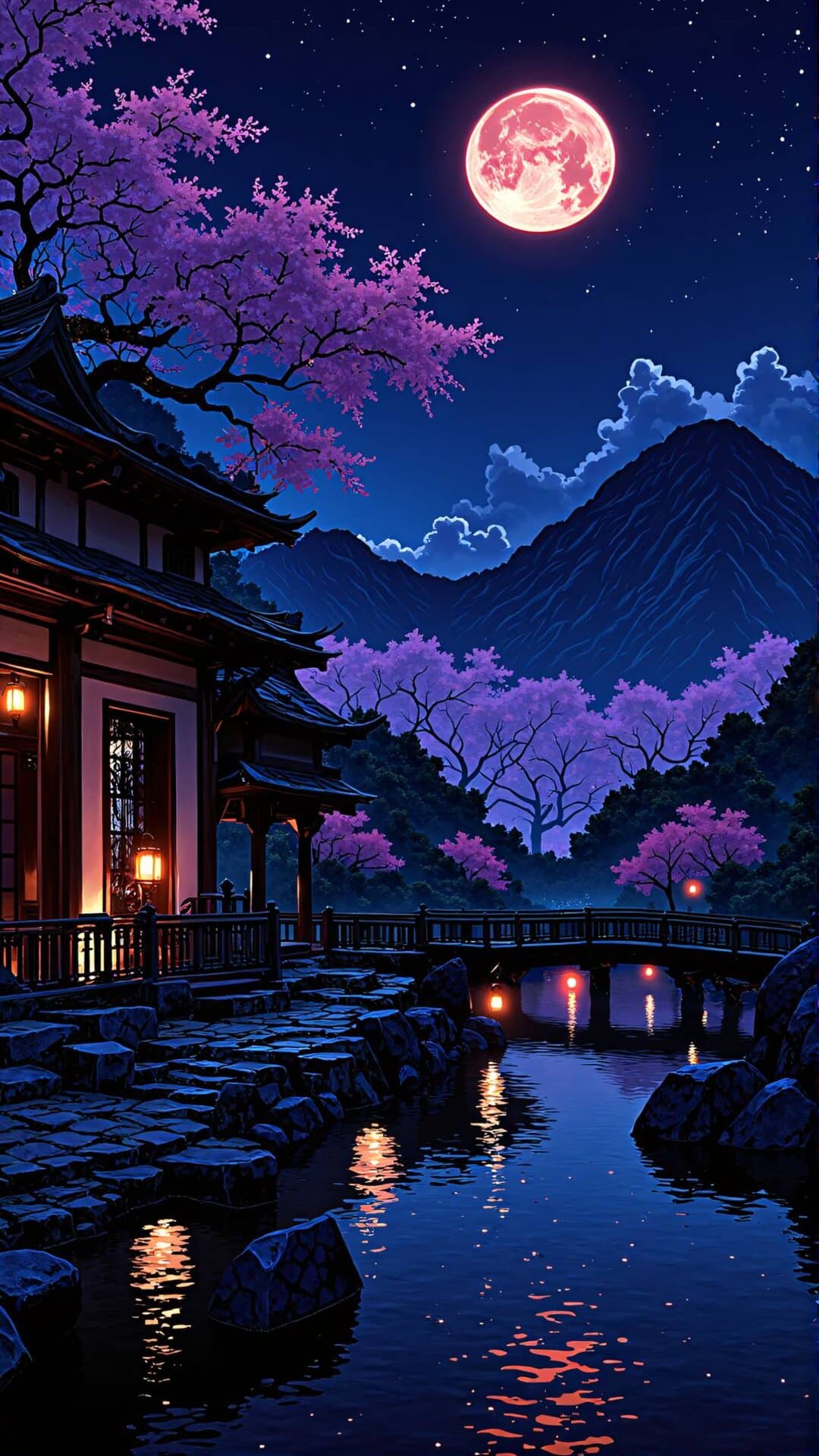 A stunning cinematic night scene featuring a traditional Japanese pagoda bathed in the glow of a large pink moon, reflecting on dark, tranquil water.