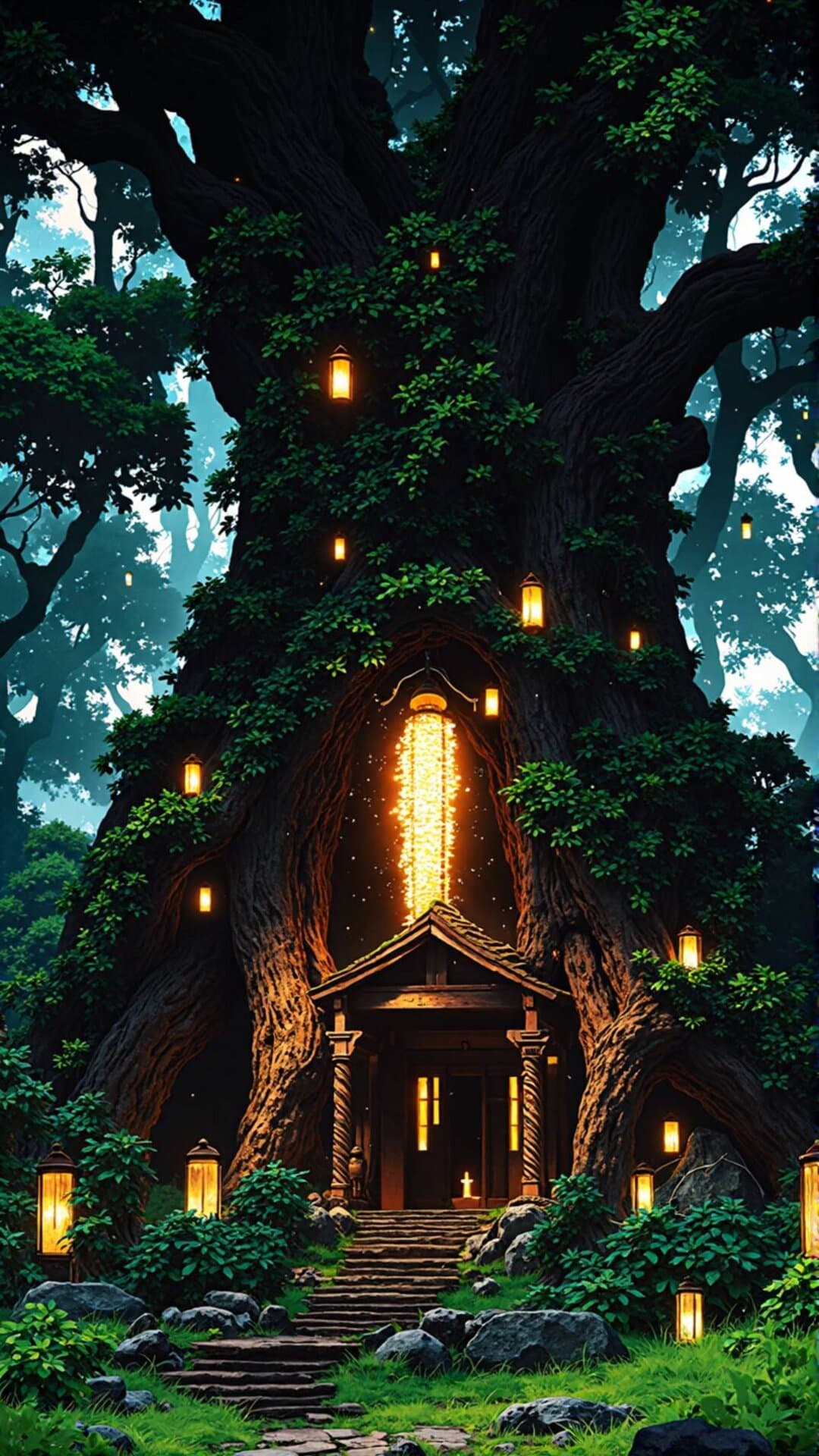 A mysterious, glowing entrance built into the massive, moss-covered roots of an ancient tree in a lush, magical forest.