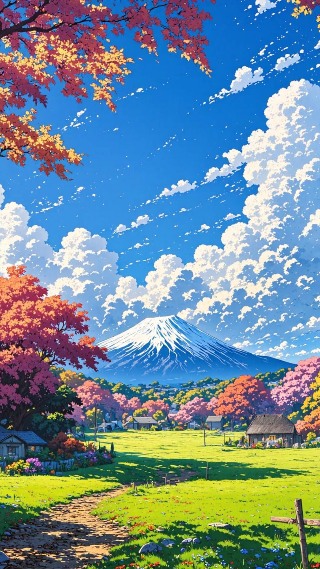 Vibrant anime-style landscape featuring Mount Fuji, colorful cherry blossoms, and lush green fields under a dramatic blue sky.