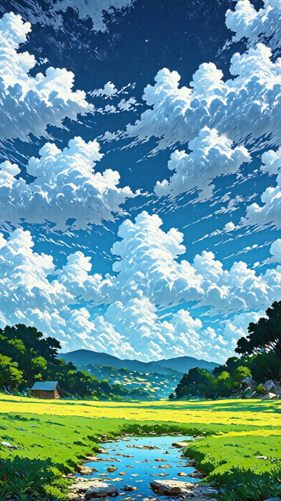 Vibrant, painterly illustration of a sun-drenched green meadow under a dramatic, cloud-filled sky, suggesting a joyful, peaceful adventure.