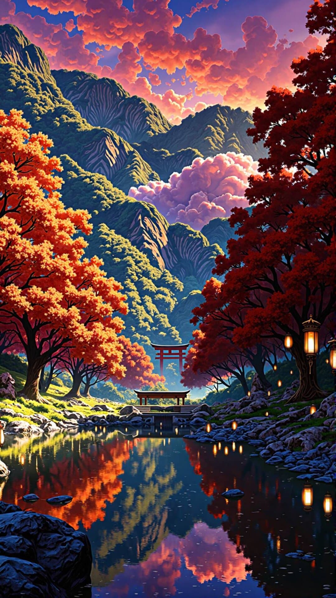 Vibrant anime-style illustration of a Japanese mountain temple reflecting in calm water under a dramatic sunset.