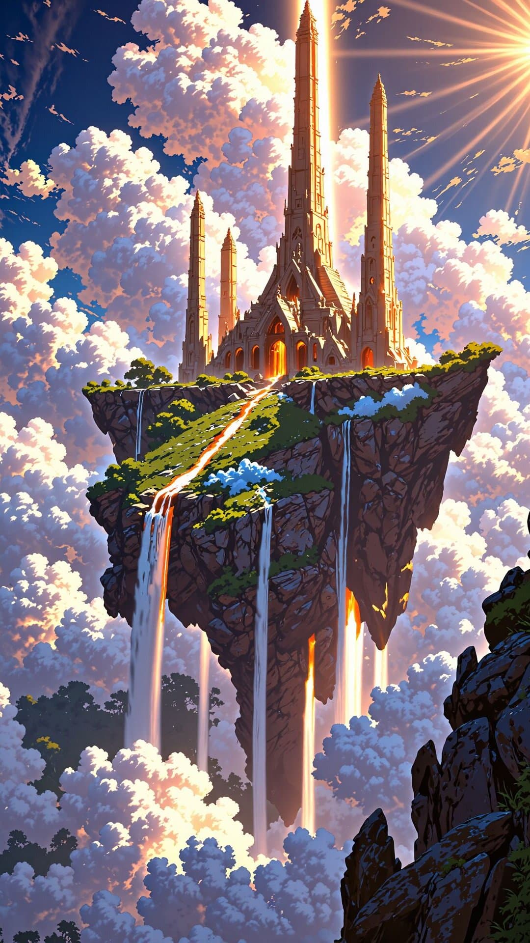 A majestic fantasy castle crowning a floating island, bathed in dramatic golden hour sunlight and cascading waterfalls.