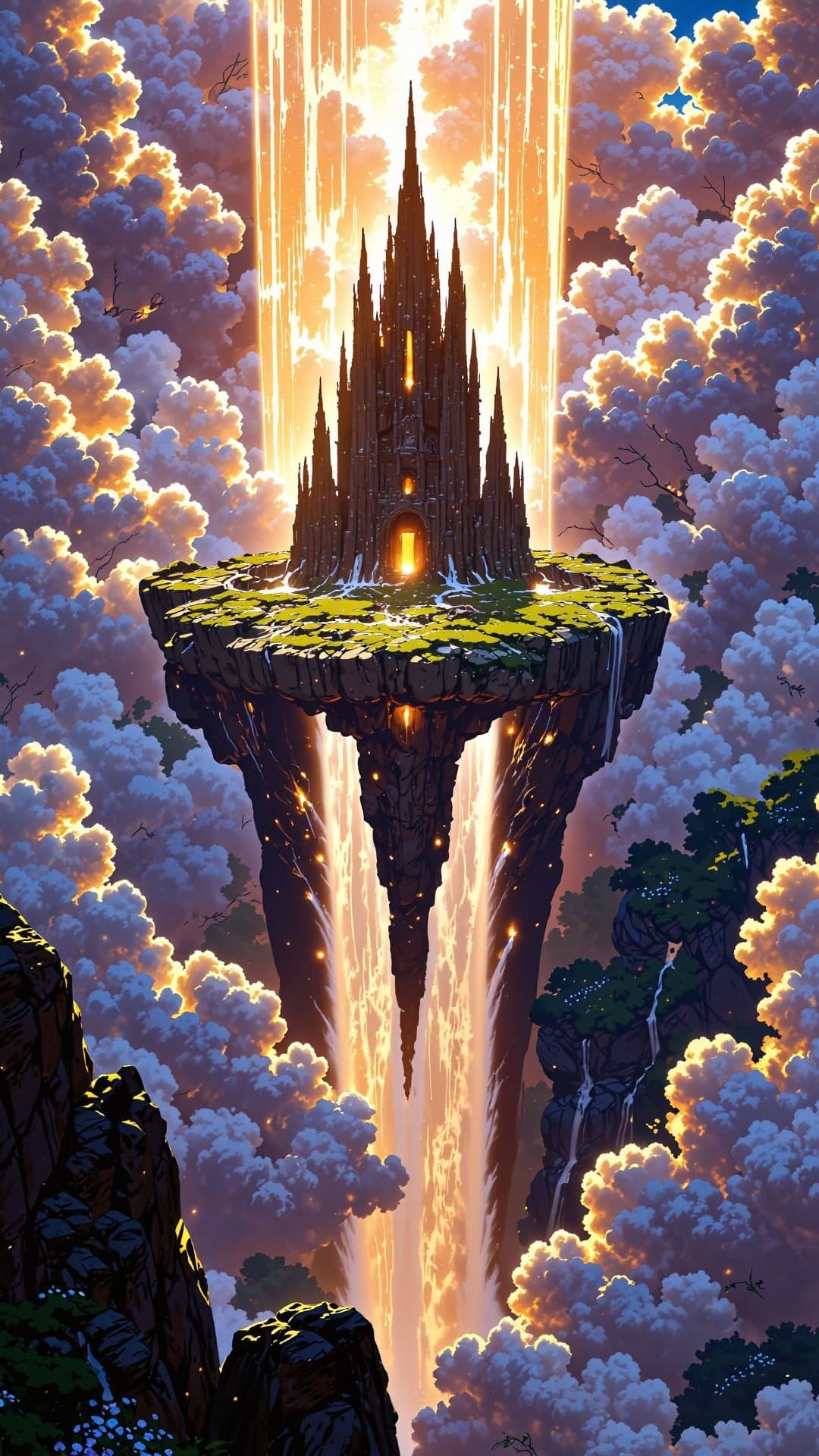 A majestic, glowing spire island rises through dramatic, sunlit clouds, embodying high fantasy and epic adventure.