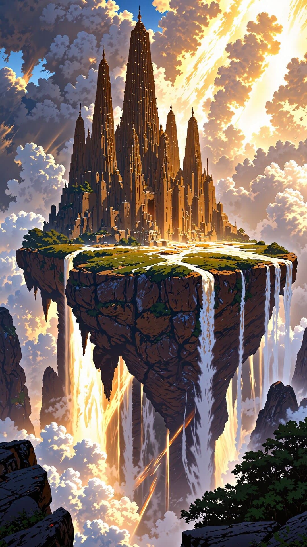 A magnificent, towering city built upon a massive, cascading cliff face under a glorious, sun-drenched sky.