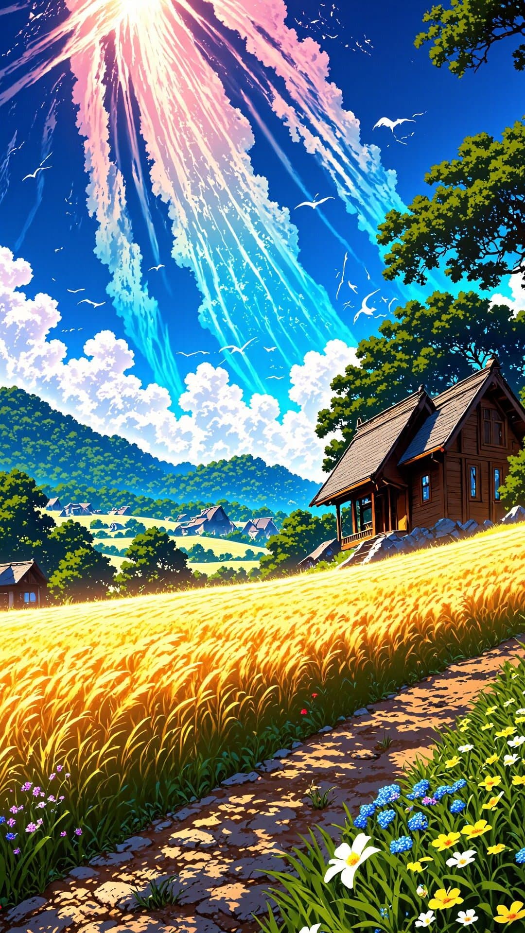 Vibrant illustration of a golden field path leading toward scenic rolling hills under a dramatic, colorful sky.