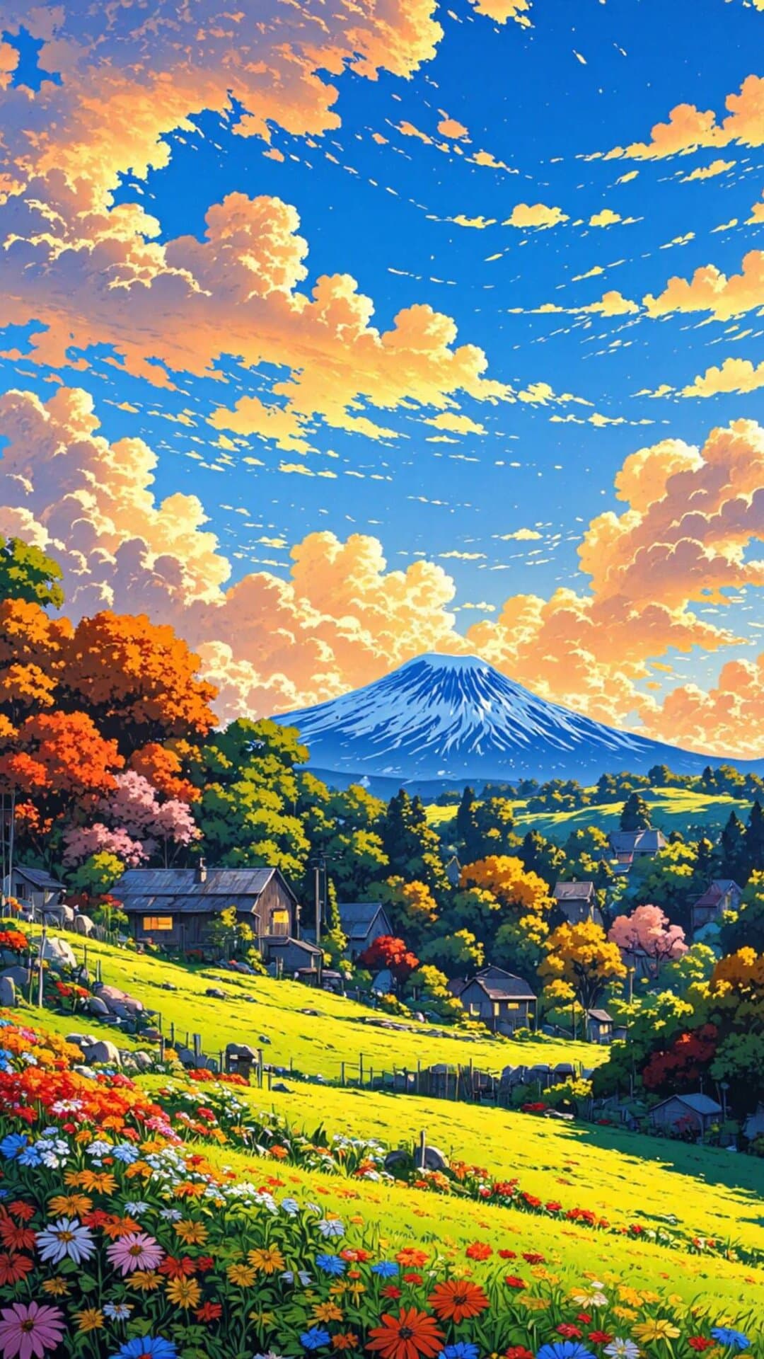 Vibrant, stylized illustration of a village nestled at the base of a majestic mountain, set under dramatic golden hour clouds.