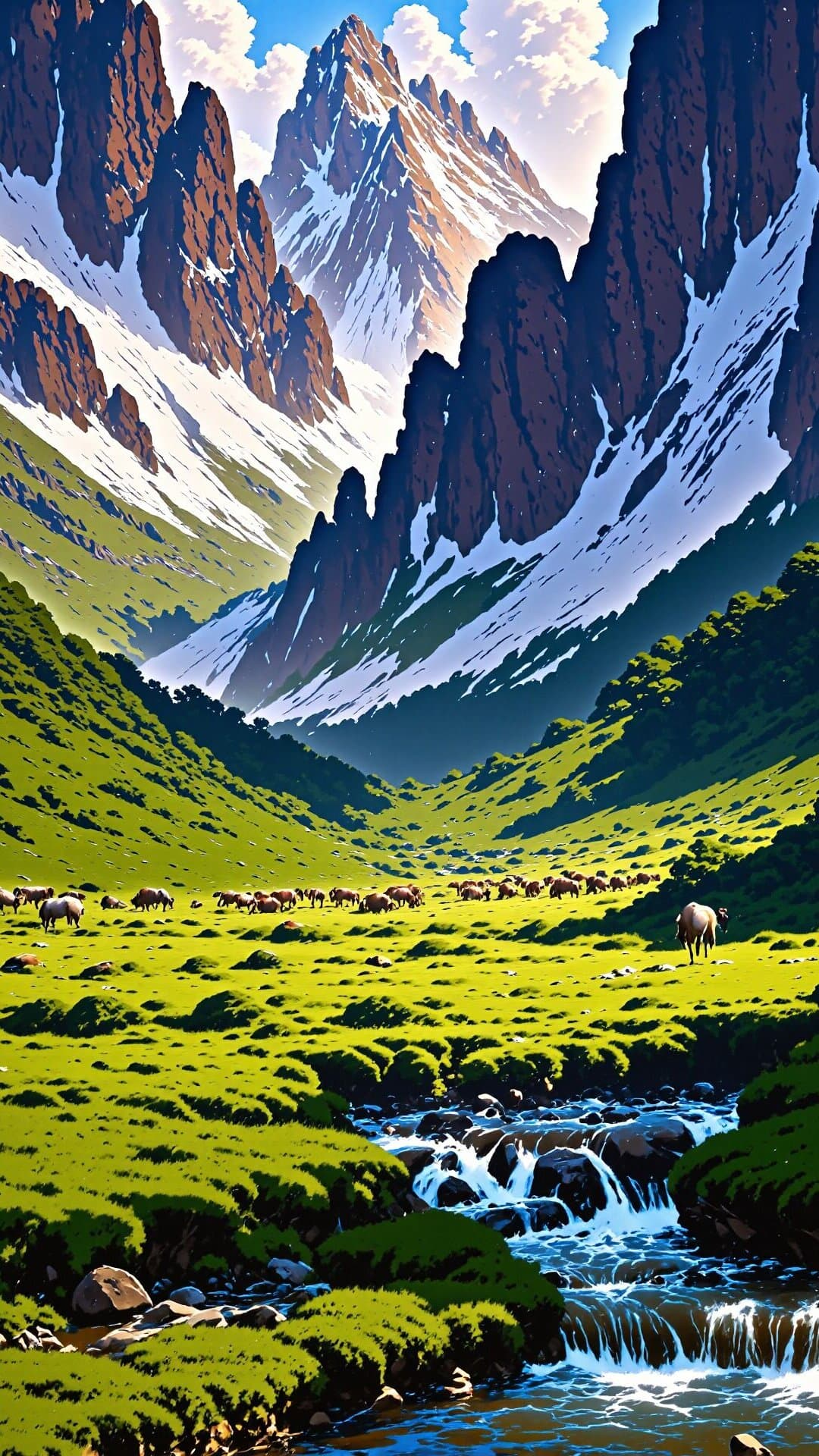 Vast, vibrant green valley with snow-capped peaks and a herd of grazing animals. Epic adventure fantasy digital painting.