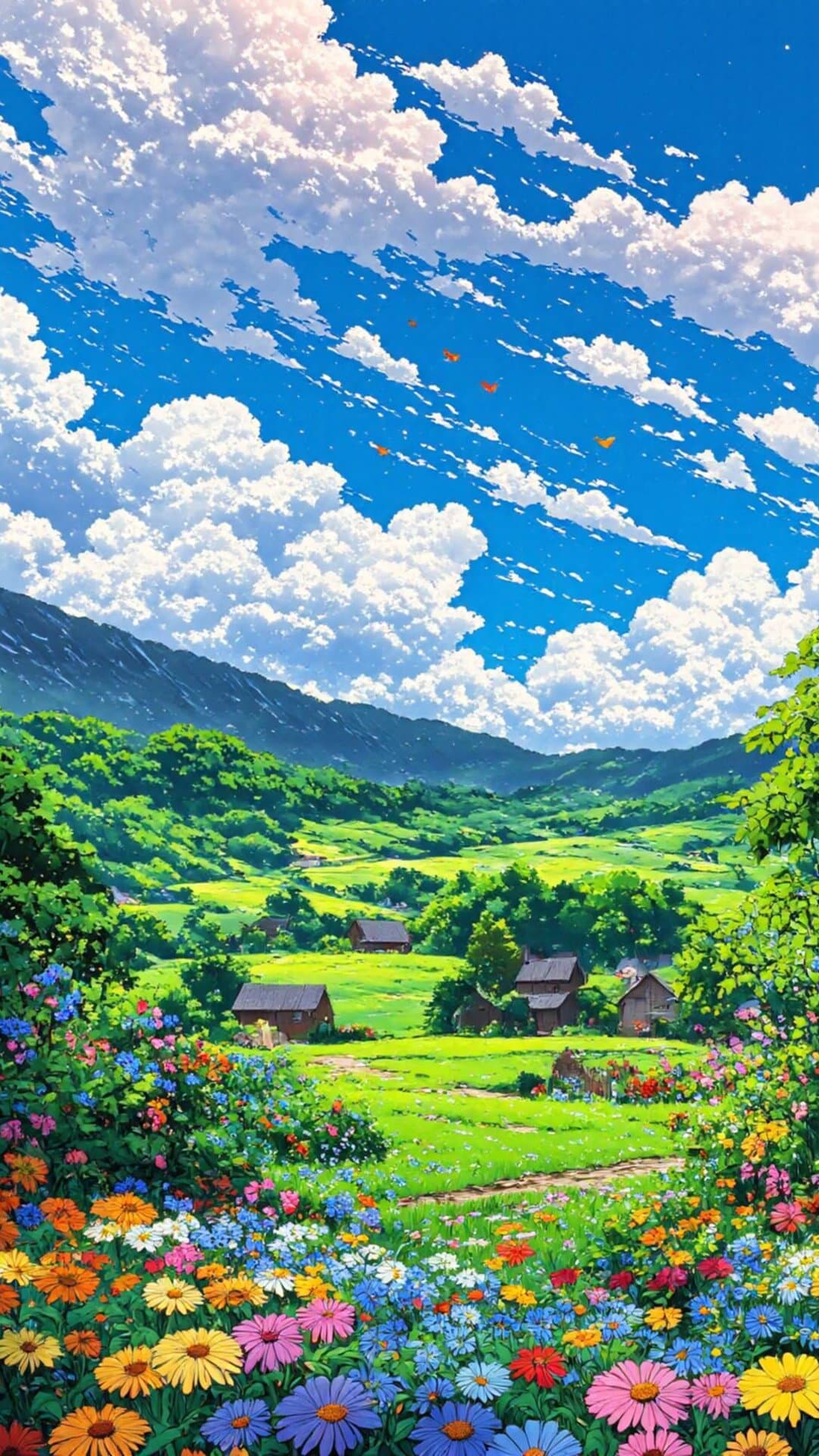 Vibrant, high-detail digital illustration of a lush valley under a dramatic blue sky, featuring colorful flowers and distant green mountains.
