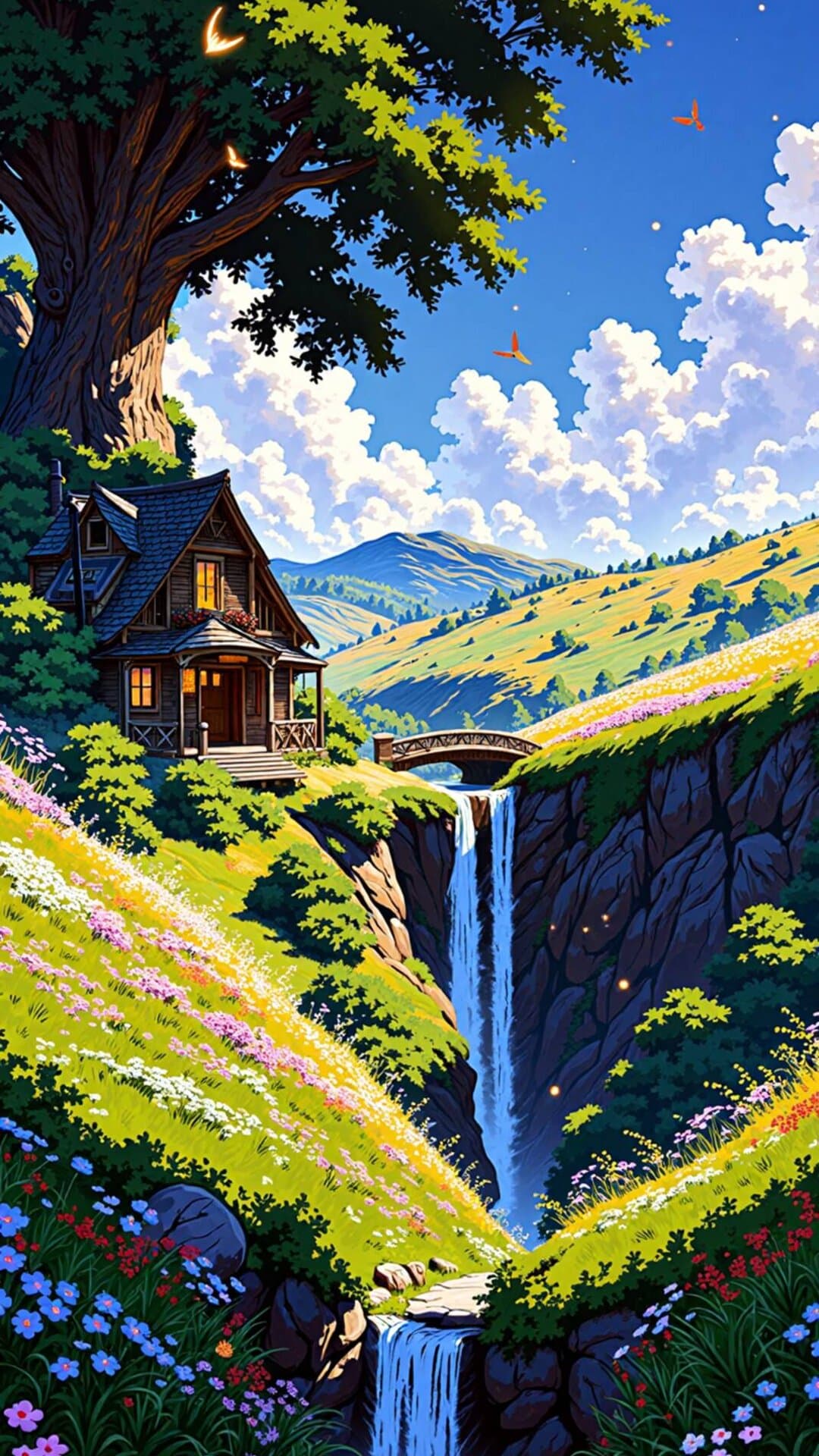Vibrant, cinematic illustration of a rustic cottage nestled among lush, glowing fields and cascading waterfalls under a bright, dreamlike sky.