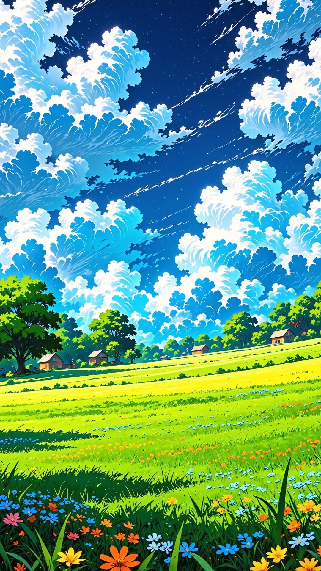 Vibrant illustration of a sunny countryside with blue sky, fluffy clouds, green fields, and distant wooden houses.