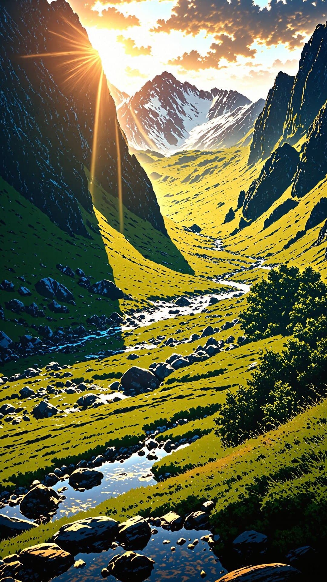A dramatic, cinematic view of a lush green valley with a winding river, bathed in bright golden hour sunlight and backed by snow-capped mountains.