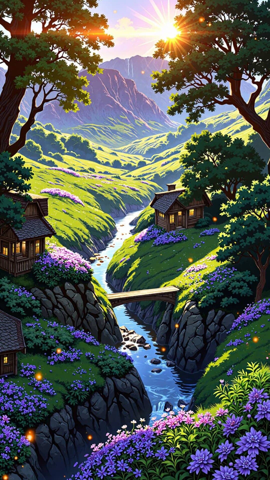 Vibrant illustration of a lush, magical valley with a winding river, small cozy cottages, and brilliant golden hour sunlight.