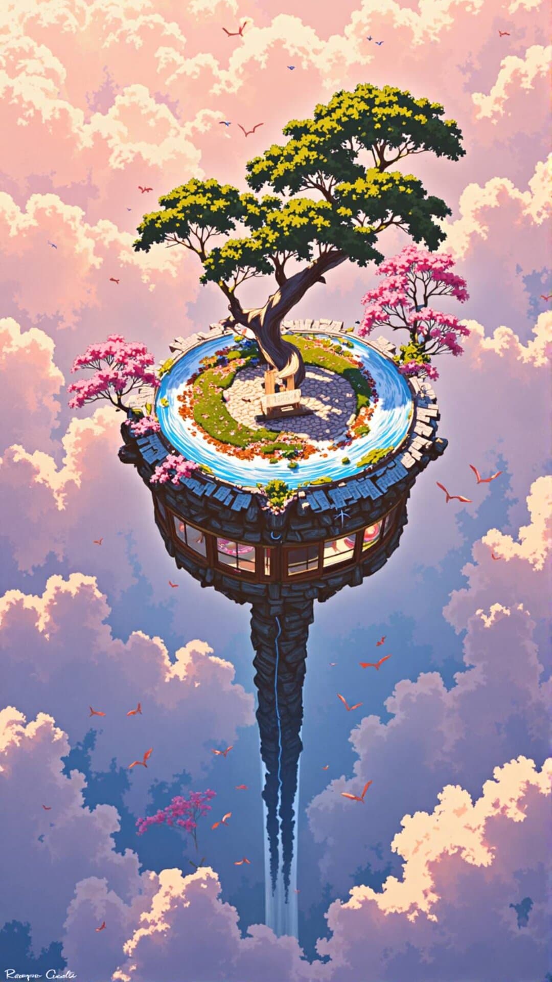 A vibrant, detailed illustration of a lush, tiered garden suspended among dramatic, colorful clouds.