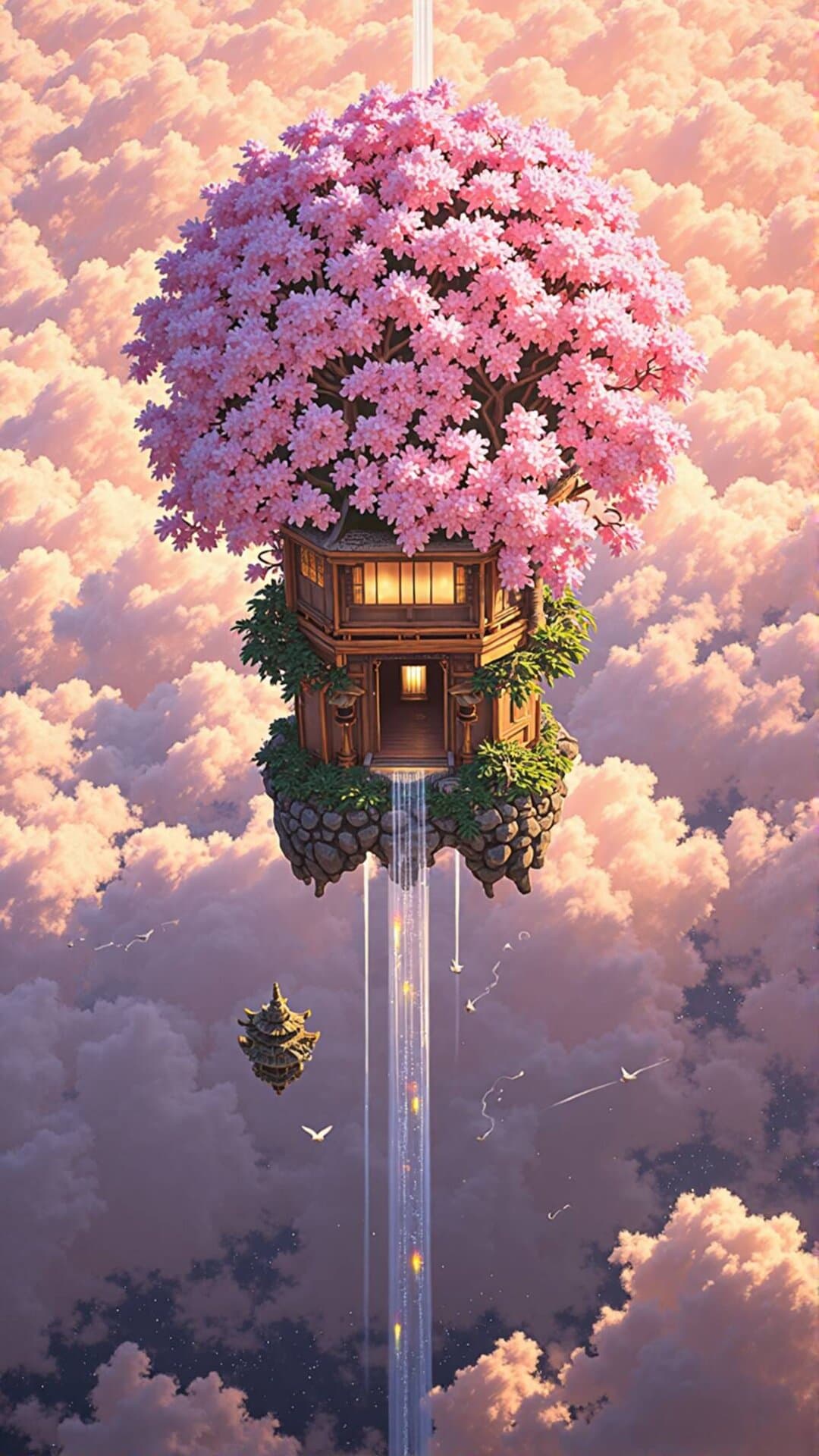 A vibrant, fantastical scene of a cherry blossom-covered floating temple suspended above soft, dramatic clouds.