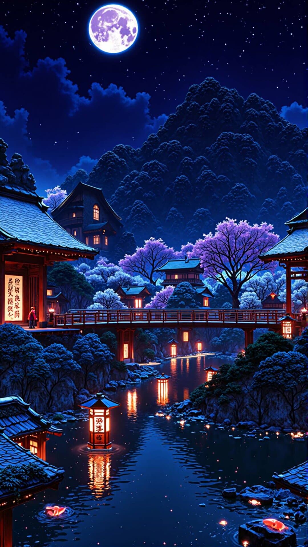A breathtaking, cinematic night scene featuring traditional Japanese temples, a serene river, and a massive full moon above blooming cherry trees.