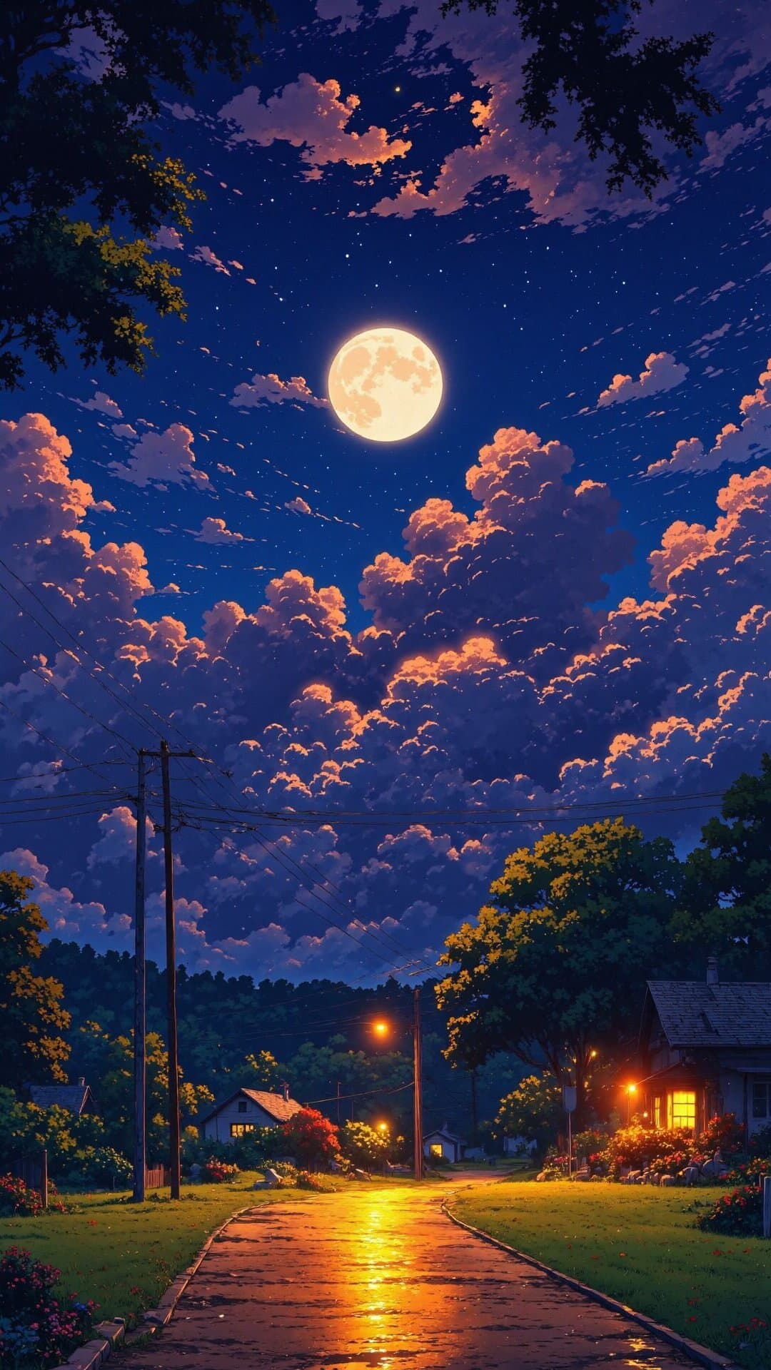 A dramatic, cinematic night scene with a massive full moon illuminating a curving driveway through lush greenery.