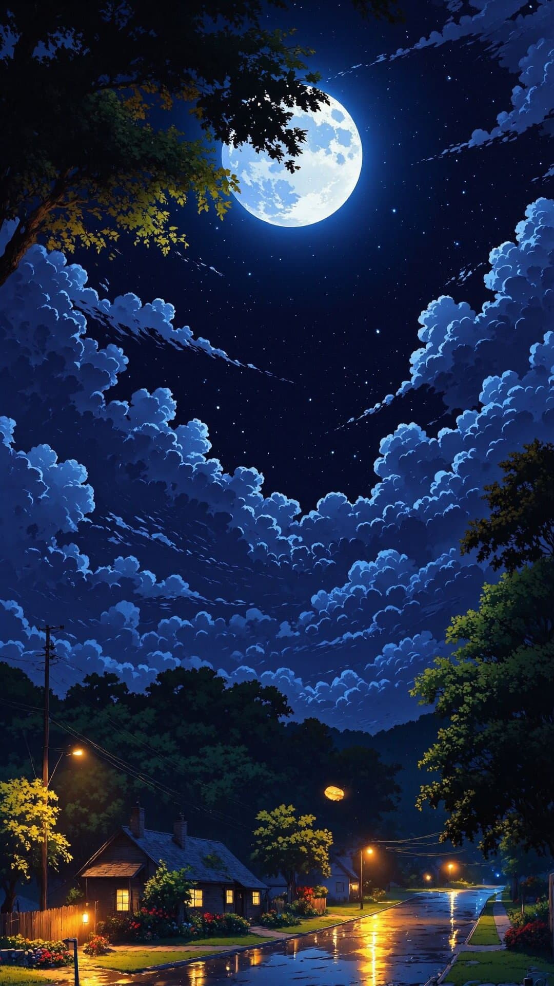 A cinematic, tranquil streetscape under a massive full moon and dramatic cloudscape, giving off a nostalgic vibe.