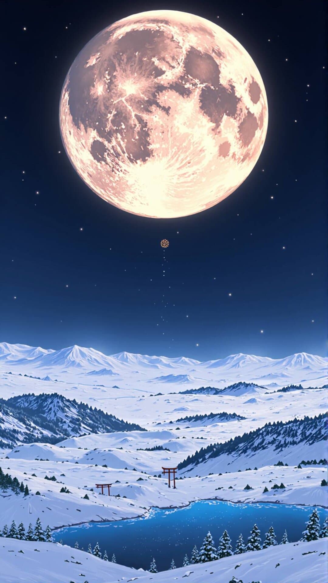 A massive, glowing full moon illuminates a serene, snowy landscape with distant Japanese temples and mountains.