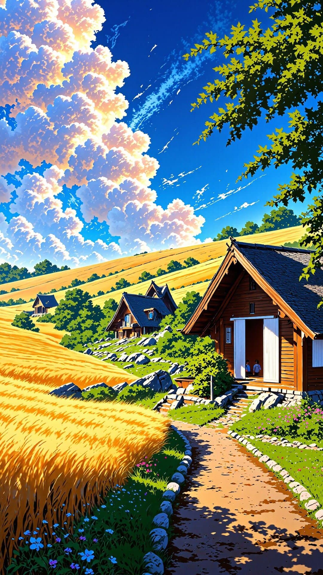 A vibrant, sunlit scene of rustic wooden cottages nestled among endless golden wheat fields under a massive blue sky filled with dramatic, painterly clouds.