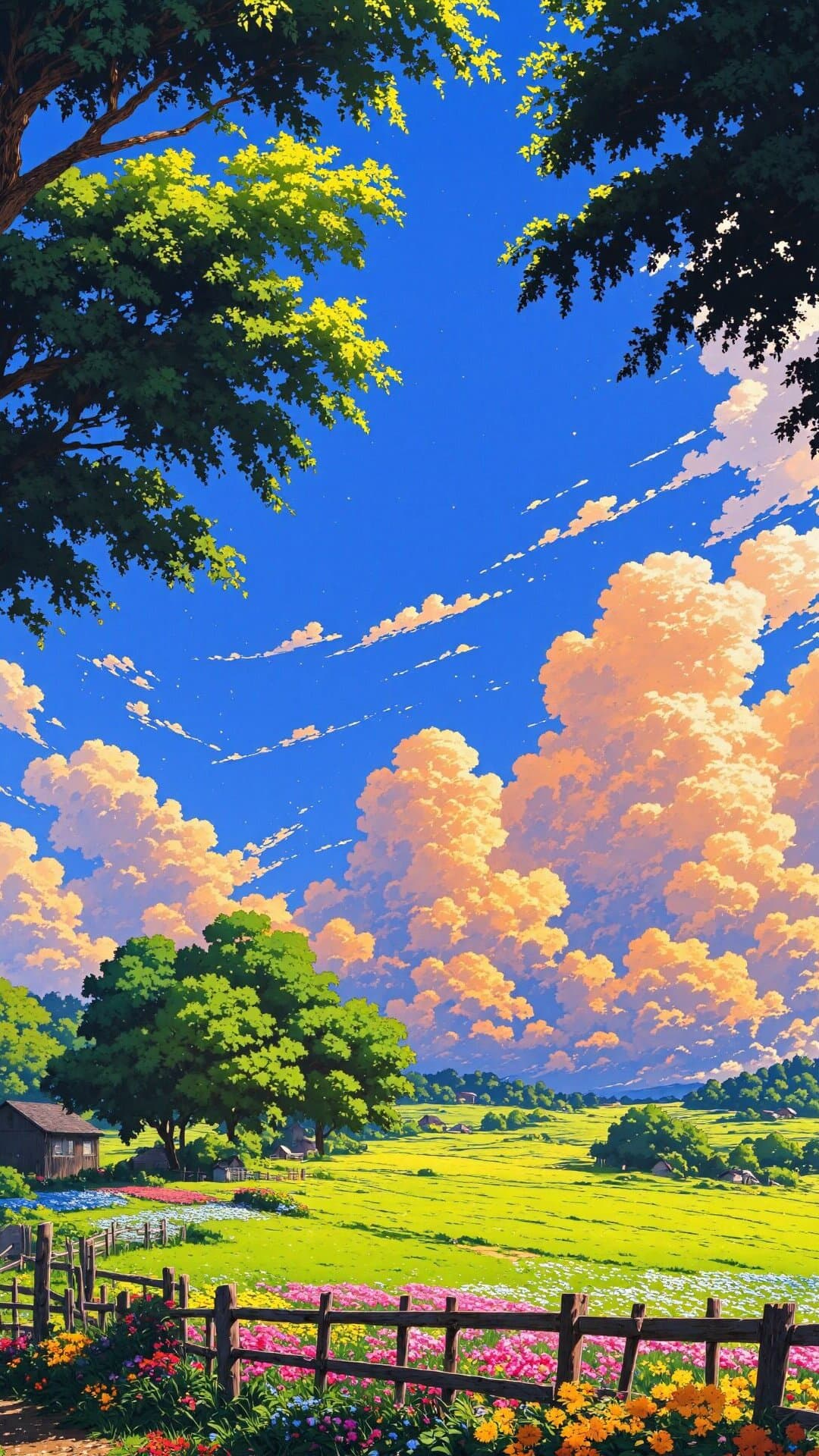 Vibrant, picturesque view of sunlit green fields under an epic blue sky filled with voluminous, pastel-colored clouds. Perfect representation of pastoral bliss.