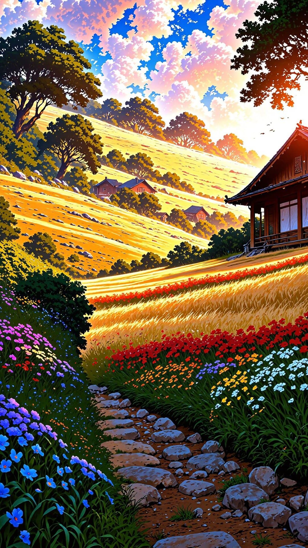 A vibrant, highly saturated illustration of a cobblestone path leading through lush, golden wheat fields under a dramatic, colorful sky.