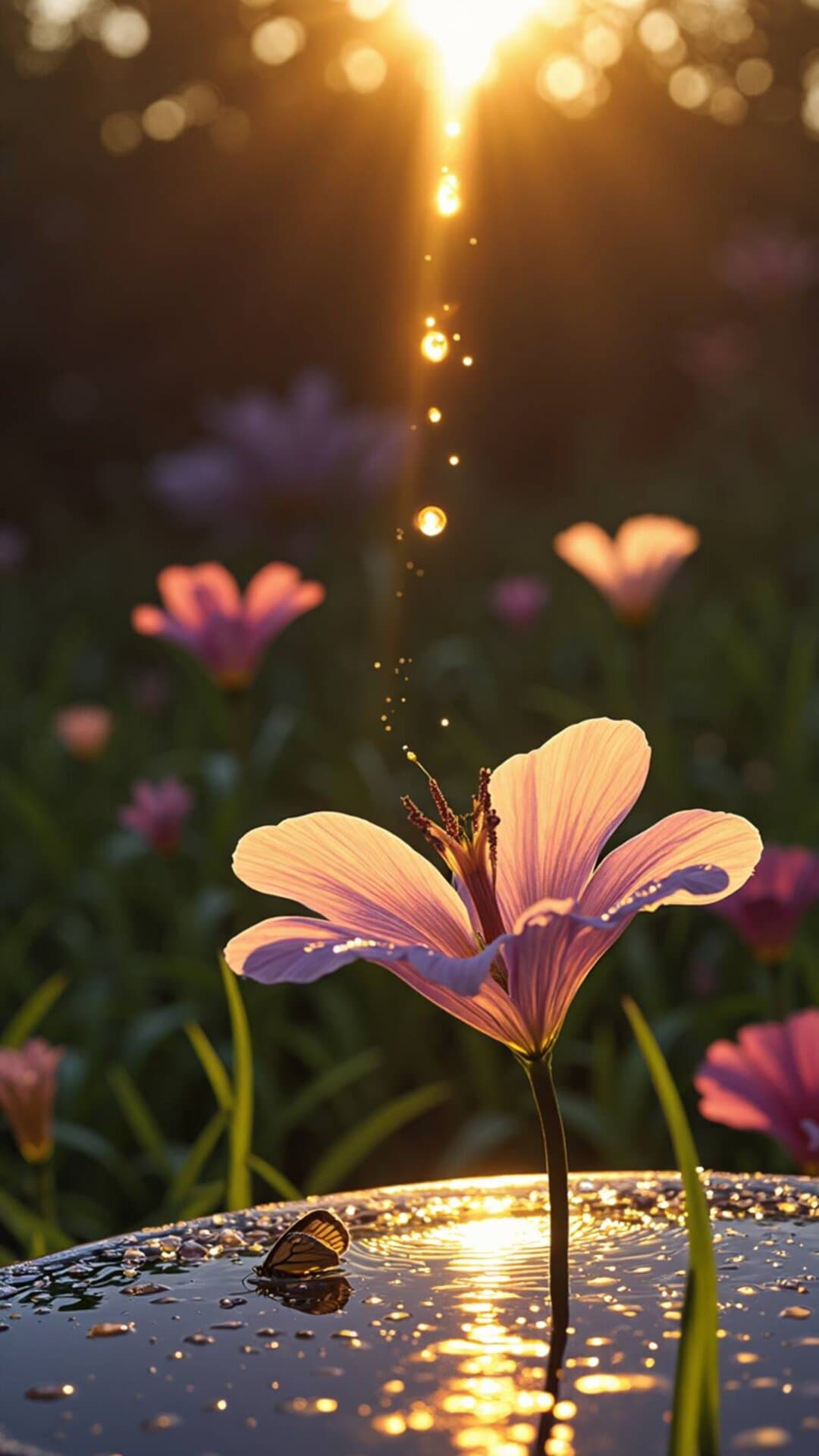 A beautiful, sunlit photo of a delicate pink flower with dew drops, set against a bokeh background of soft purple and gold.