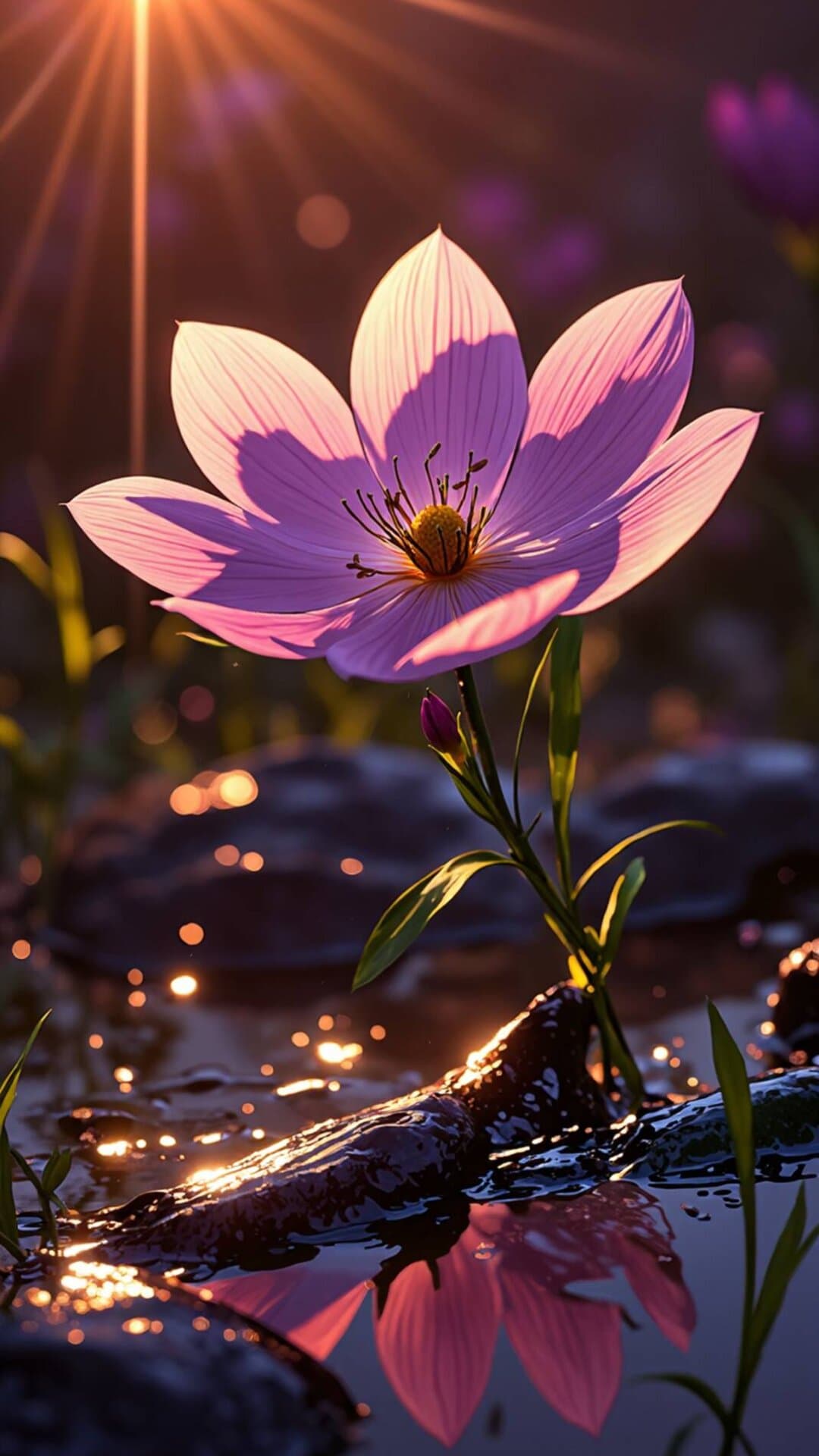 A vibrant close-up photograph of a pink flower floating on calm, reflective water during a dramatic golden hour sunset.