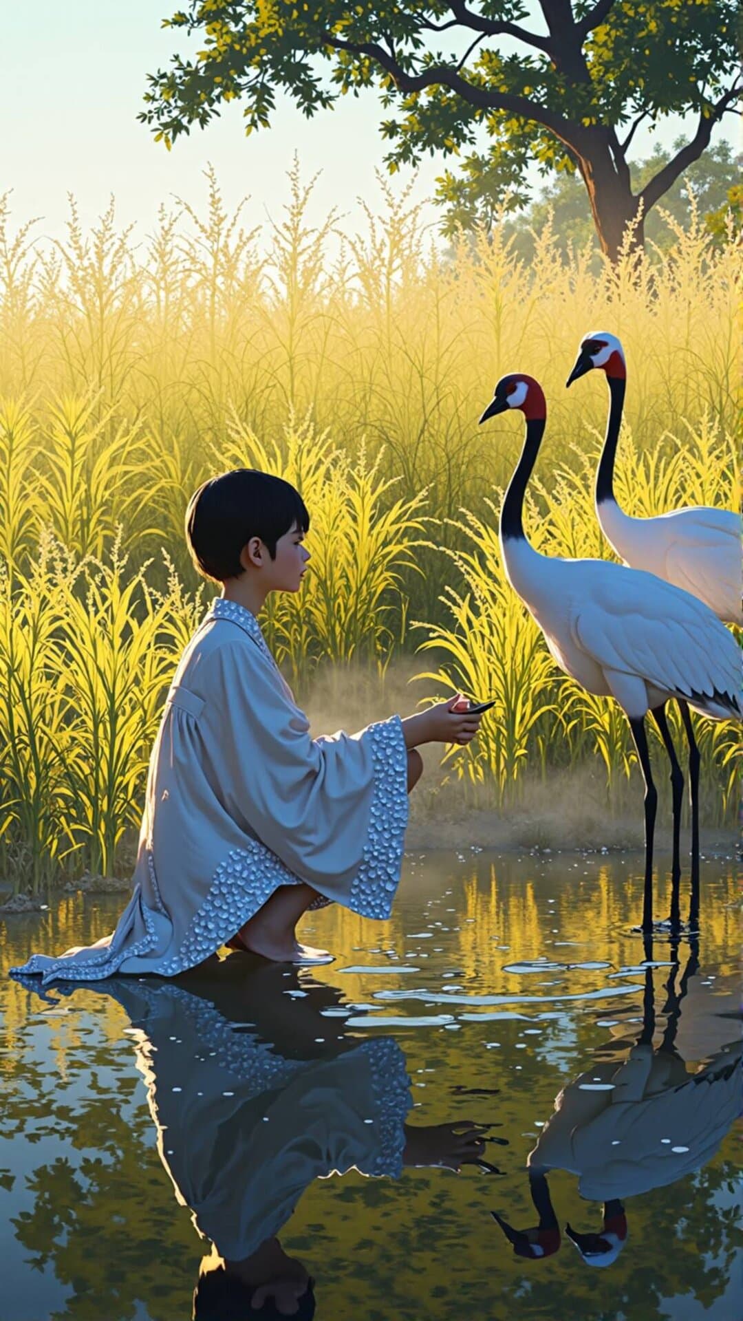 A young boy by a tranquil pond in golden fields, surrounded by lush greenery and graceful white swans, conveying a nostalgic, peaceful vibe.
