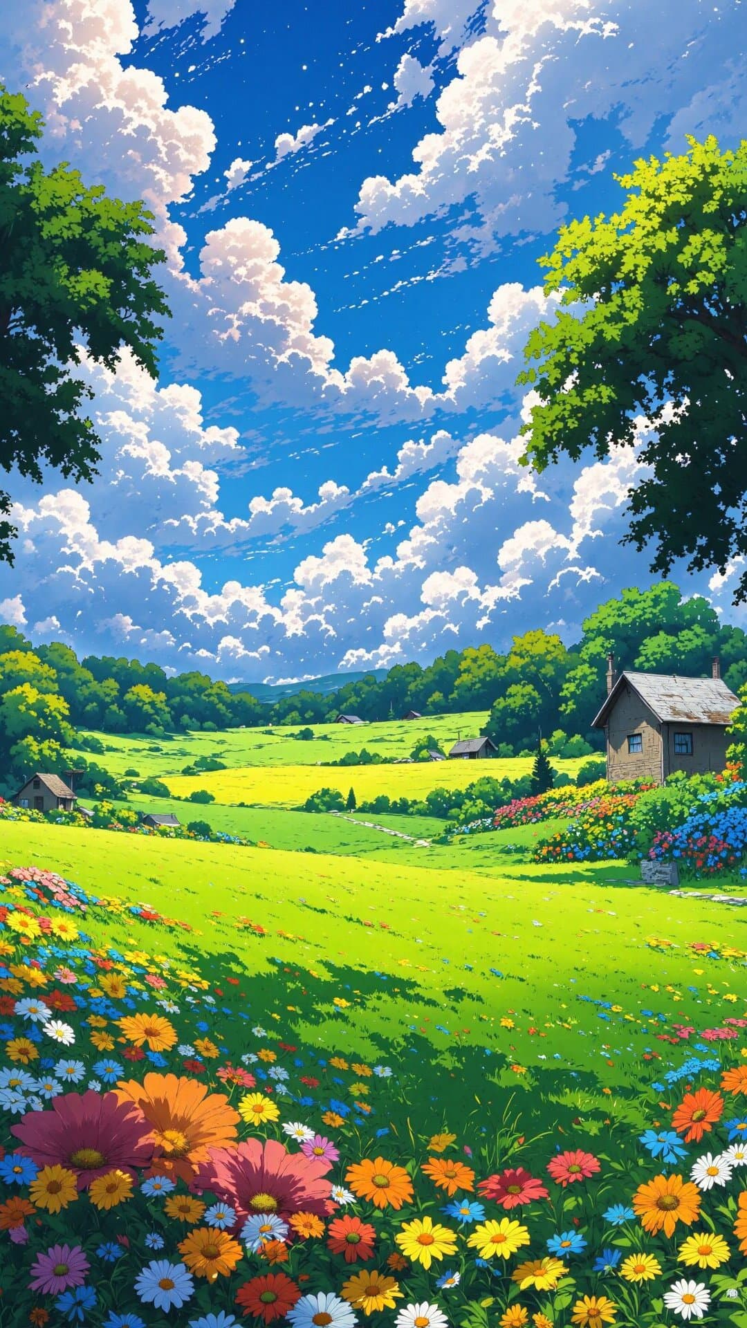 A vibrant, dreamlike landscape featuring bright green rolling fields, colorful wildflowers, and a quaint cottage under a dramatic blue sky.
