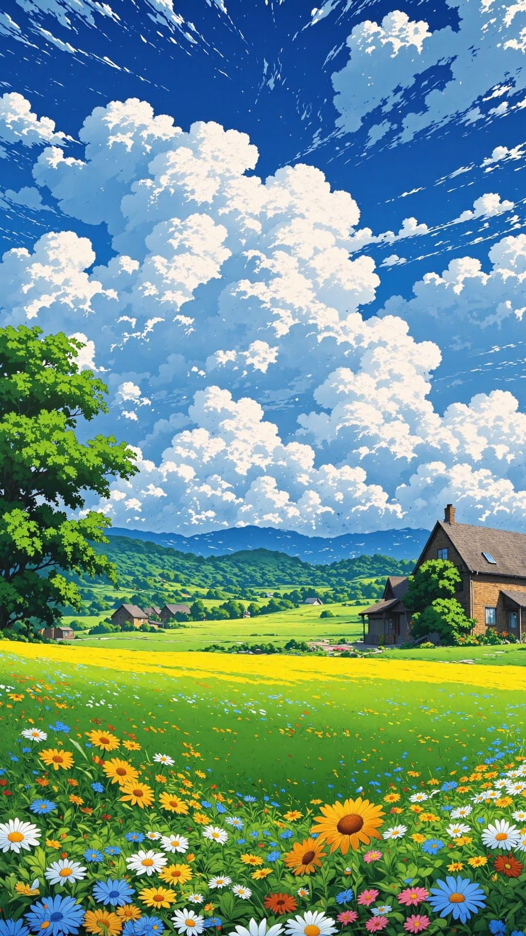 Vibrant anime-style scene of a sprawling yellow meadow filled with colorful wildflowers under a dramatic, bright blue sky.