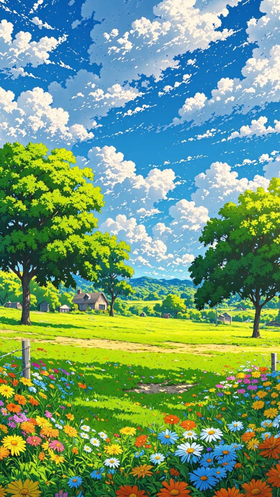 Vibrant, cheerful illustration of a green meadow with colorful wildflowers under a dramatic blue sky and fluffy white clouds.