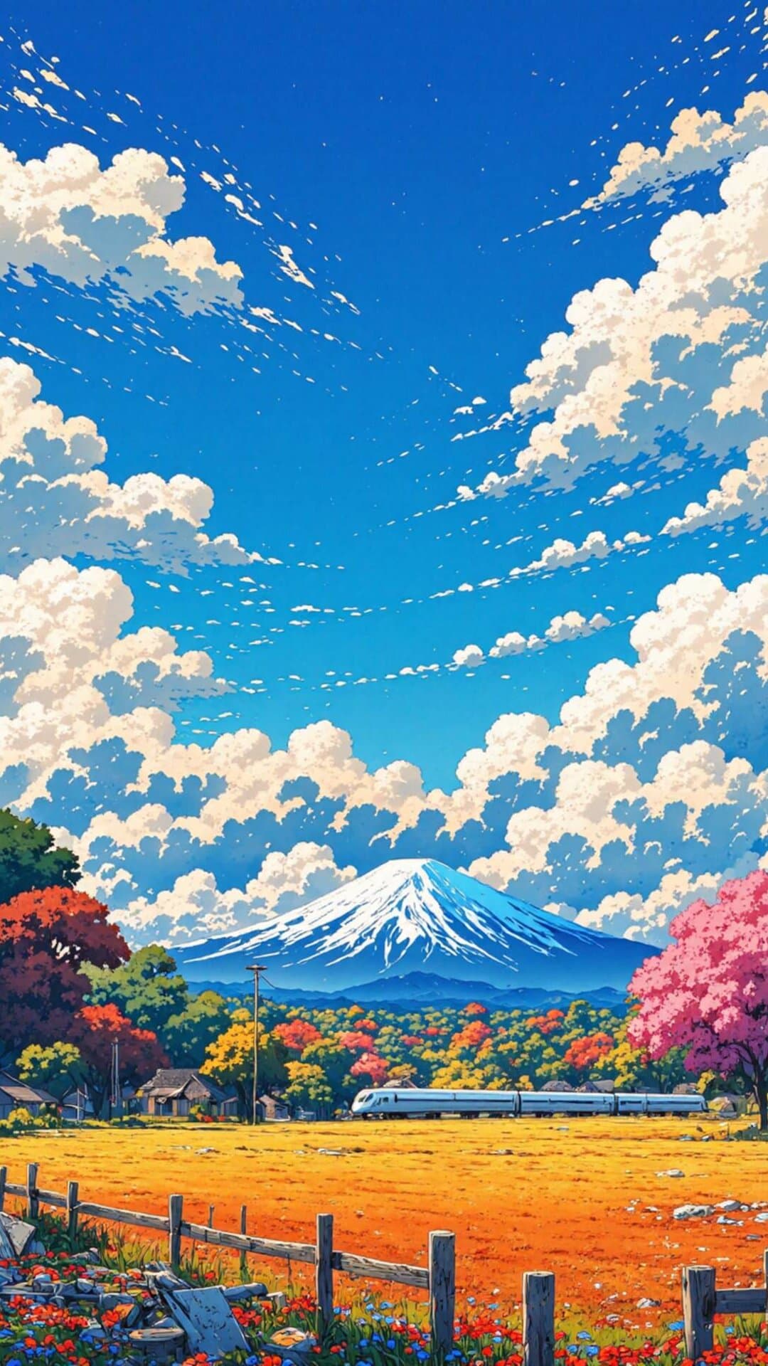 Vibrant anime style illustration featuring Mount Fuji under dramatic clouds over a golden field and pink cherry blossoms.