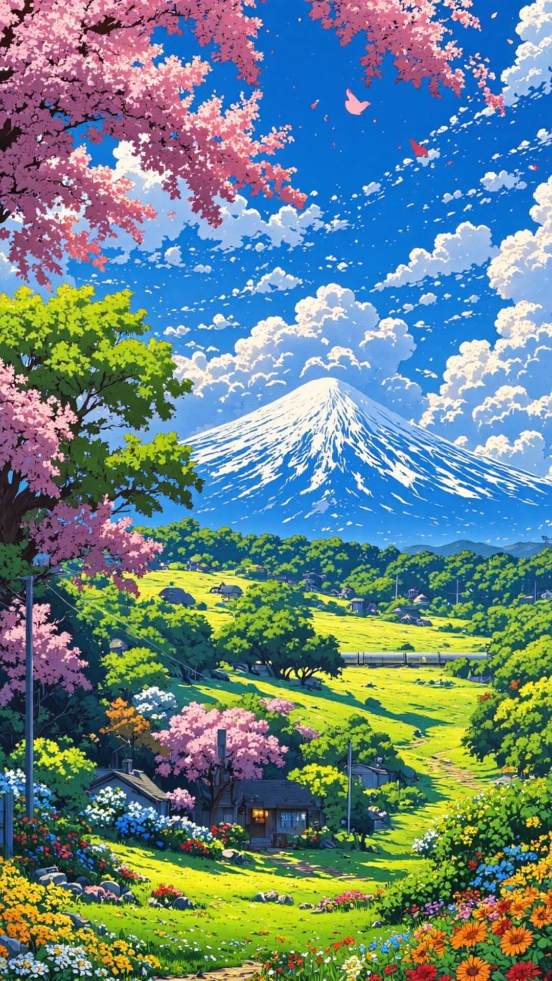Vibrant illustration of Mount Fuji beneath blooming cherry trees, lush green fields, and dramatic blue sky.