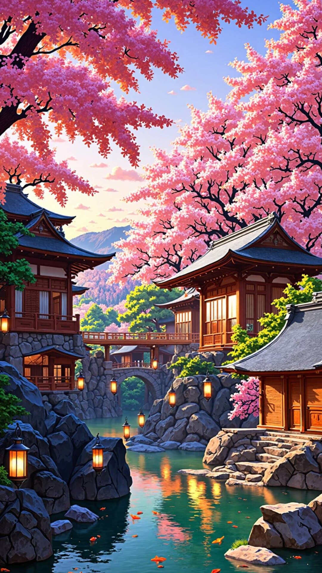 Vibrant Japanese temple complex surrounded by pink cherry blossoms under a sunny sky. Tranquil and picturesque.