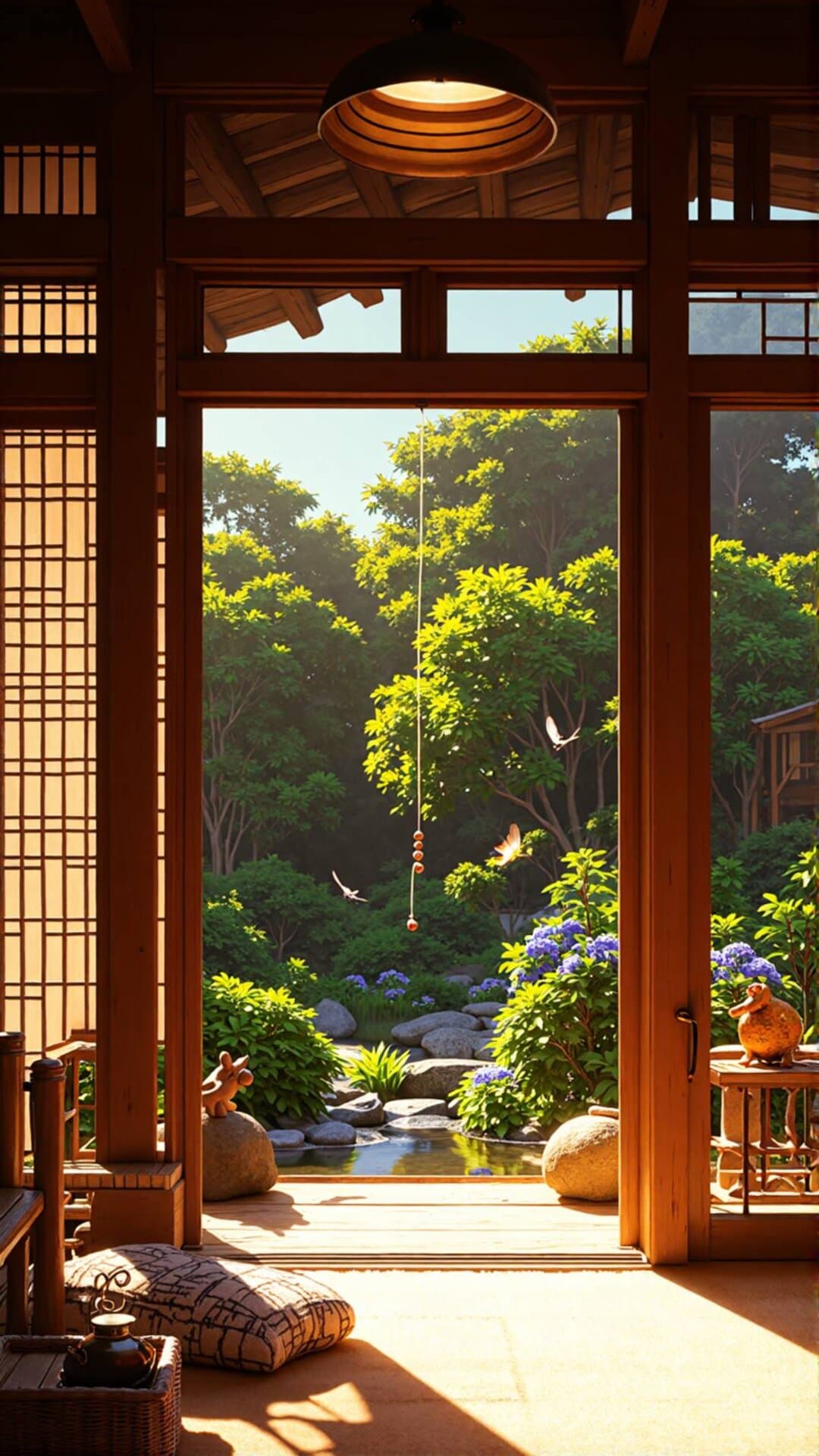 A stunning view through a wooden Japanese doorway, capturing a lush, vibrant garden setting during the warm glow of golden hour.