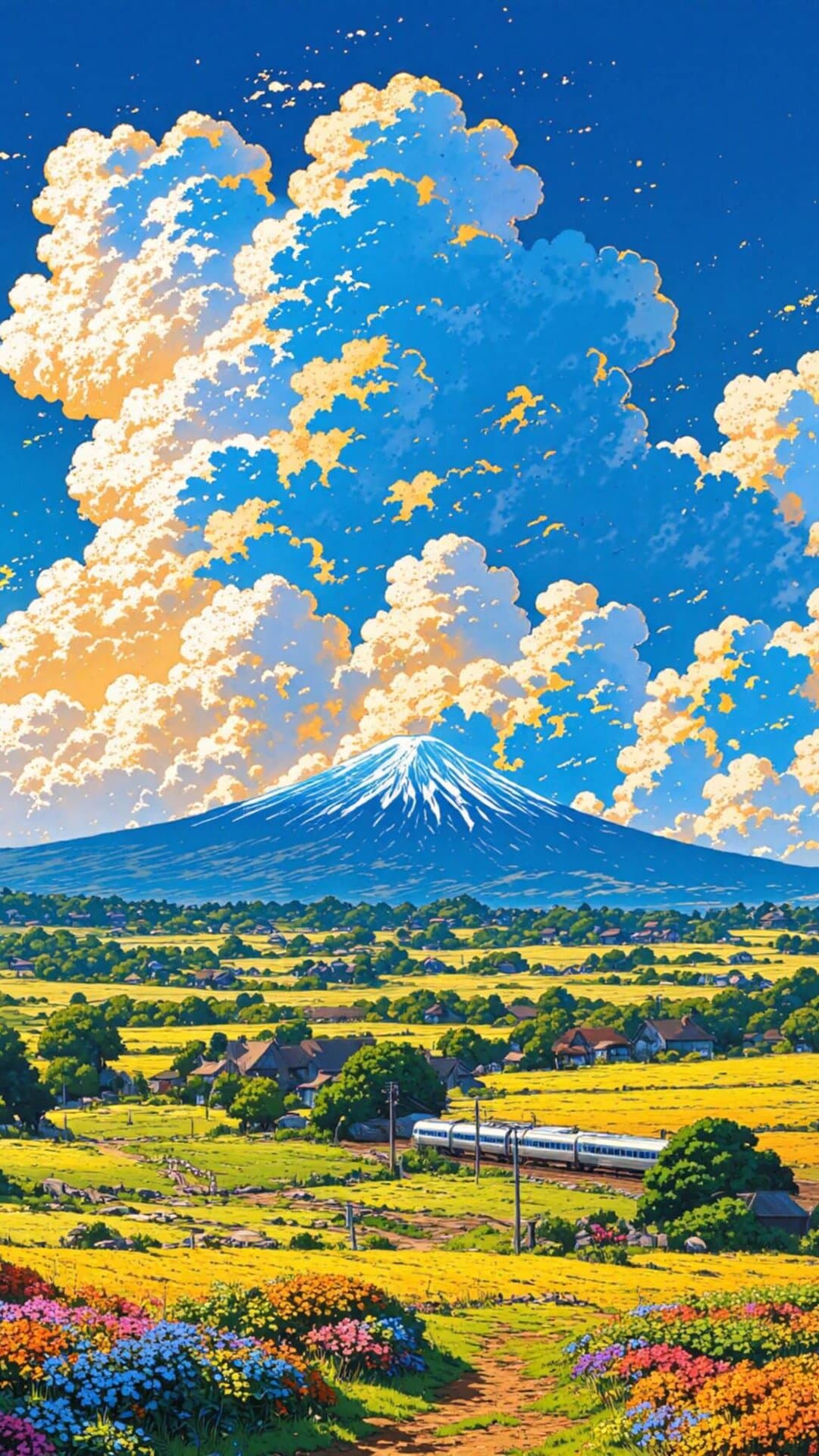 Vibrant panoramic view of a Japanese village beneath dramatic, golden-lit cumulus clouds, with Mount Fuji visible.