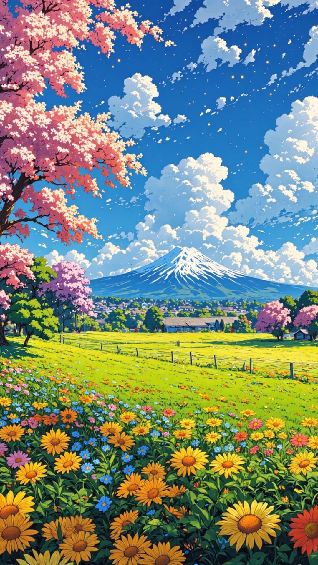 Vibrant illustration of a spring festival in a valley, featuring cherry blossoms, a green field, and a Mount Fuji backdrop in a highly detailed anime style.