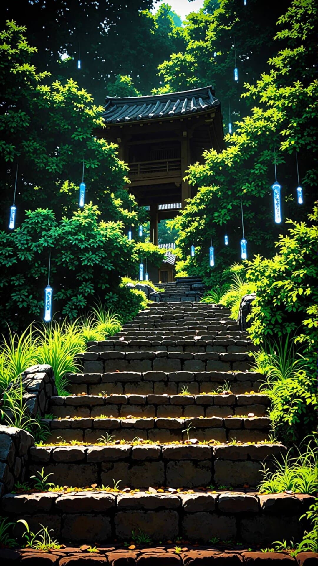 A dramatic, cinematic shot of ancient stone steps leading up to a mysterious, moss-covered Japanese temple nestled in lush, vibrant green foliage.