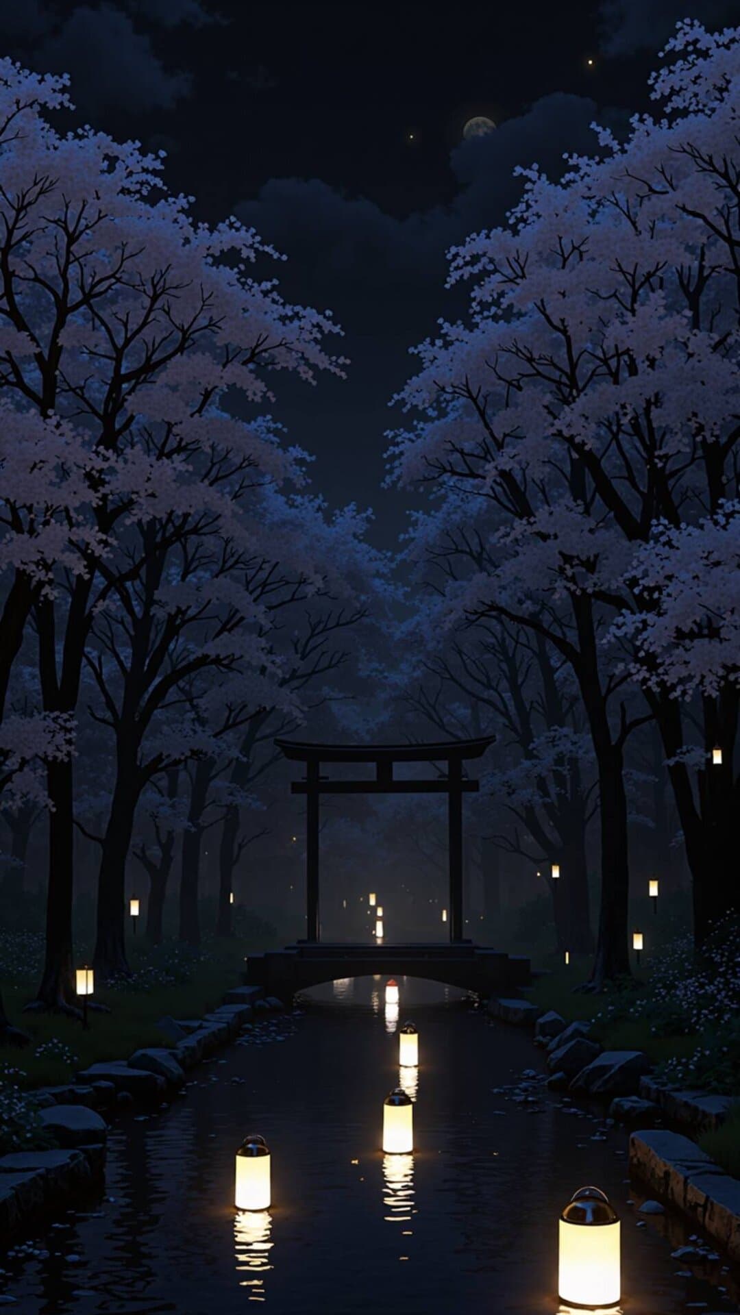 A breathtaking cherry blossom night scene with a glowing torii gate over a reflective pathway.