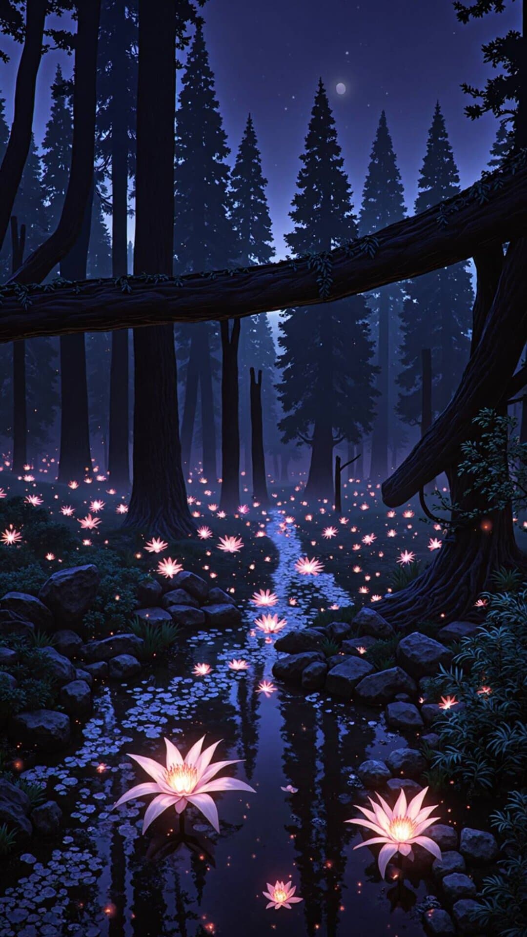 A mystical, neon-lit pond within a deep, towering forest under a dark, starry sky, evoking tranquility and fantasy.