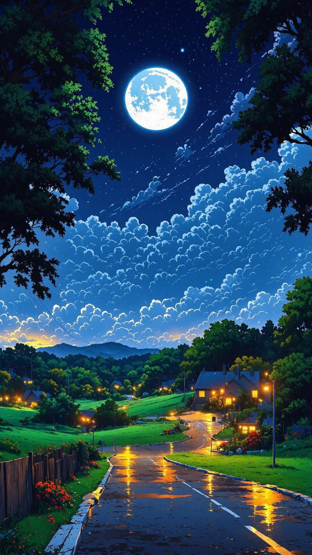 A surreal, starlit view of a quiet country road under a massive, glowing full moon and dramatic clouds.