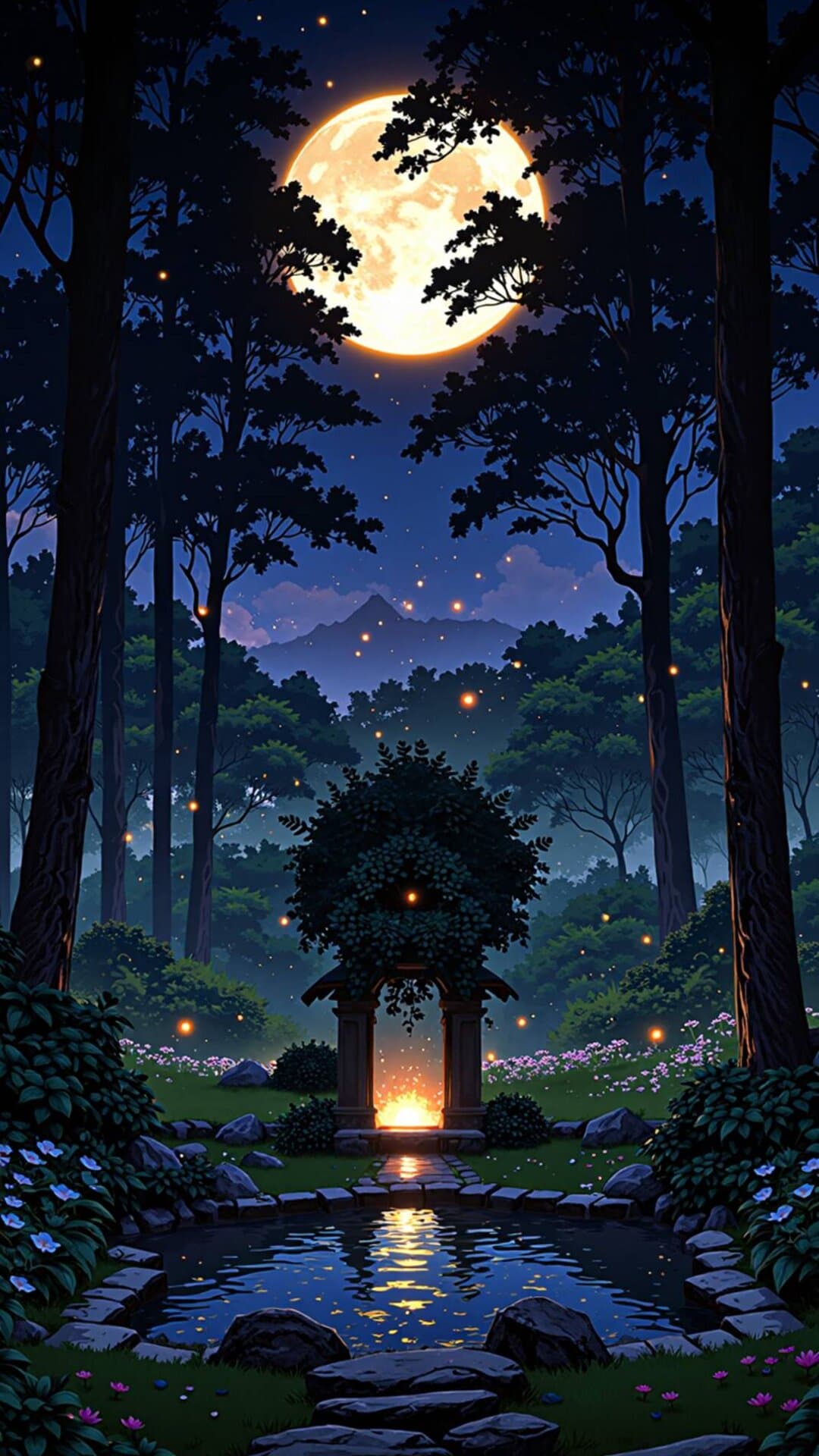 A highly detailed fantasy illustration of a glowing pond under a massive full moon in a dark, ethereal forest.