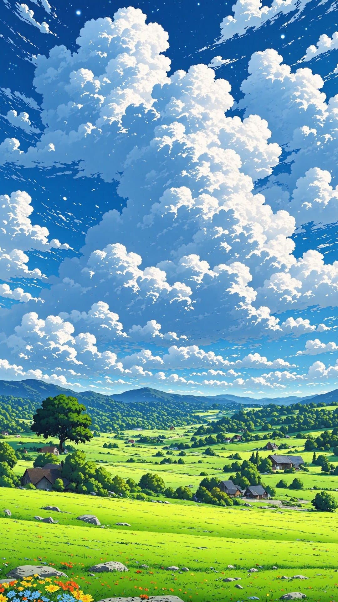 Vibrant, sun-drenched panorama of rolling green hills, scattered homes, and dramatic blue skies with fluffy white clouds.