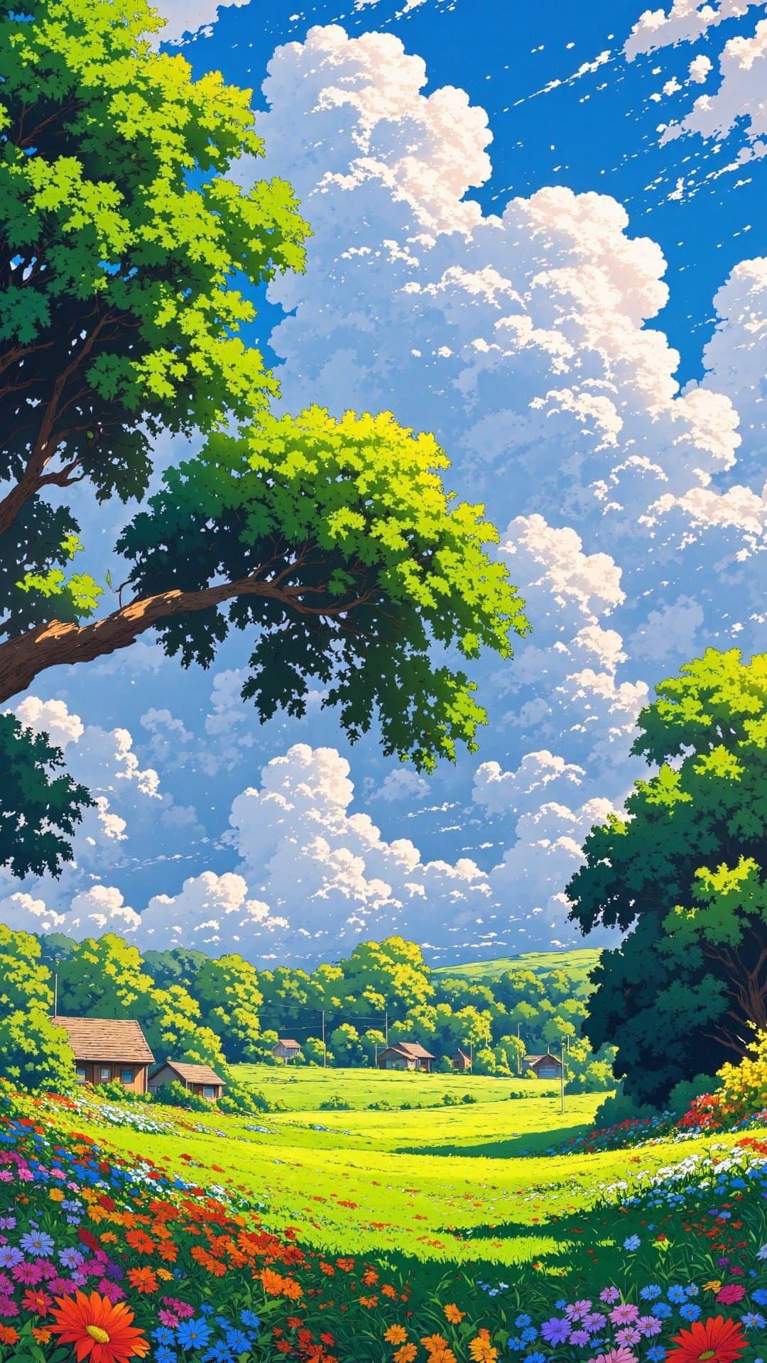 Vibrant vertical illustration of a sunny, idyllic meadow beneath massive, fluffy cumulus clouds.