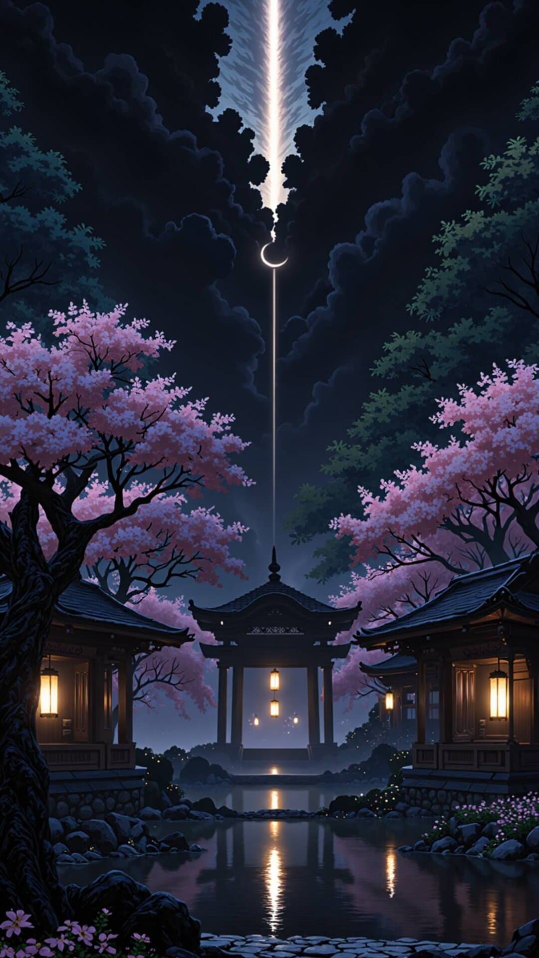 Anime-style Japanese shrine architecture with dramatic cherry blossoms under a stylized moonlit sky.