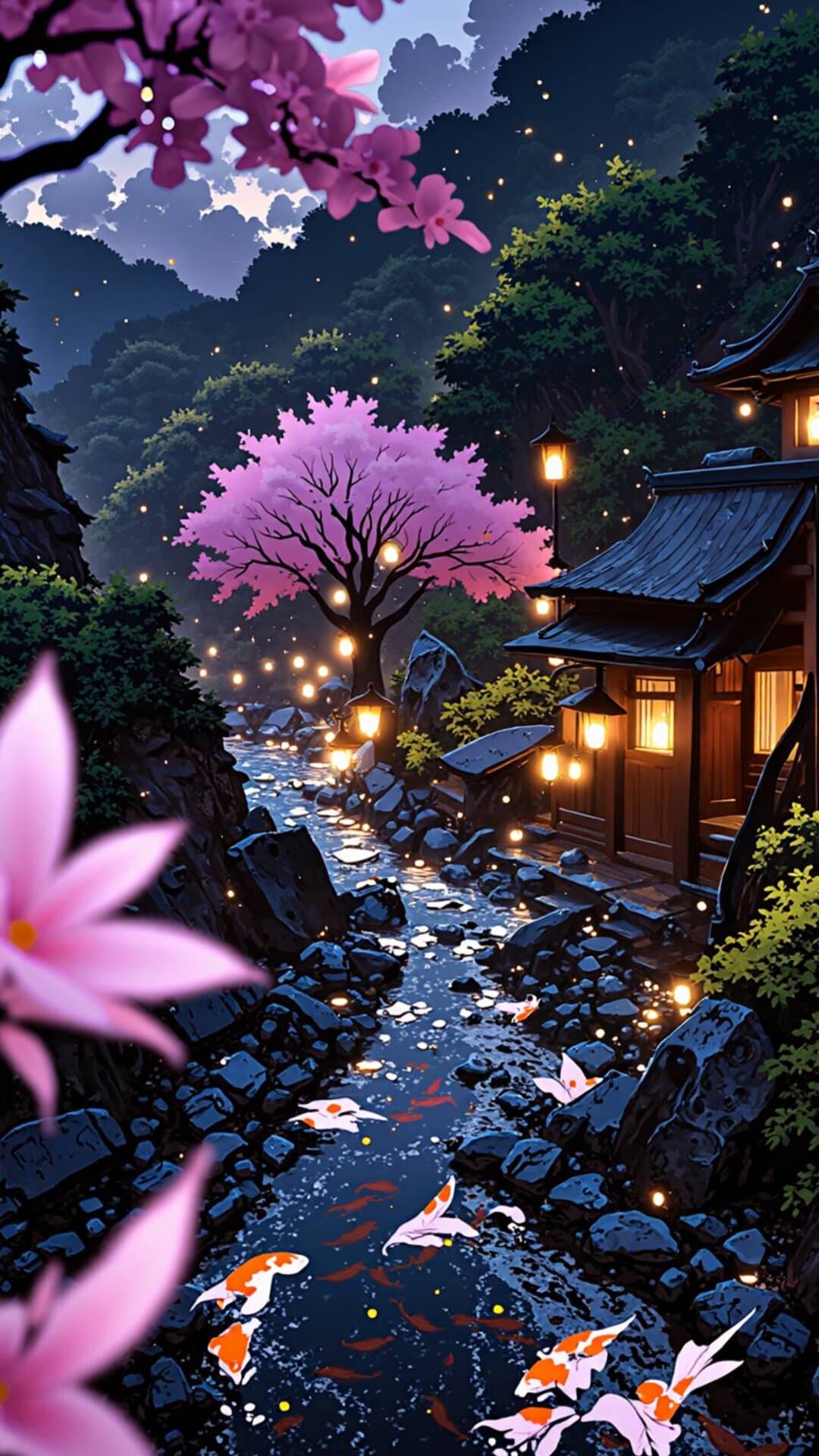 A vibrant, dreamlike illustration featuring a Japanese temple courtyard at night, illuminated by cherry blossoms and warm lantern light.